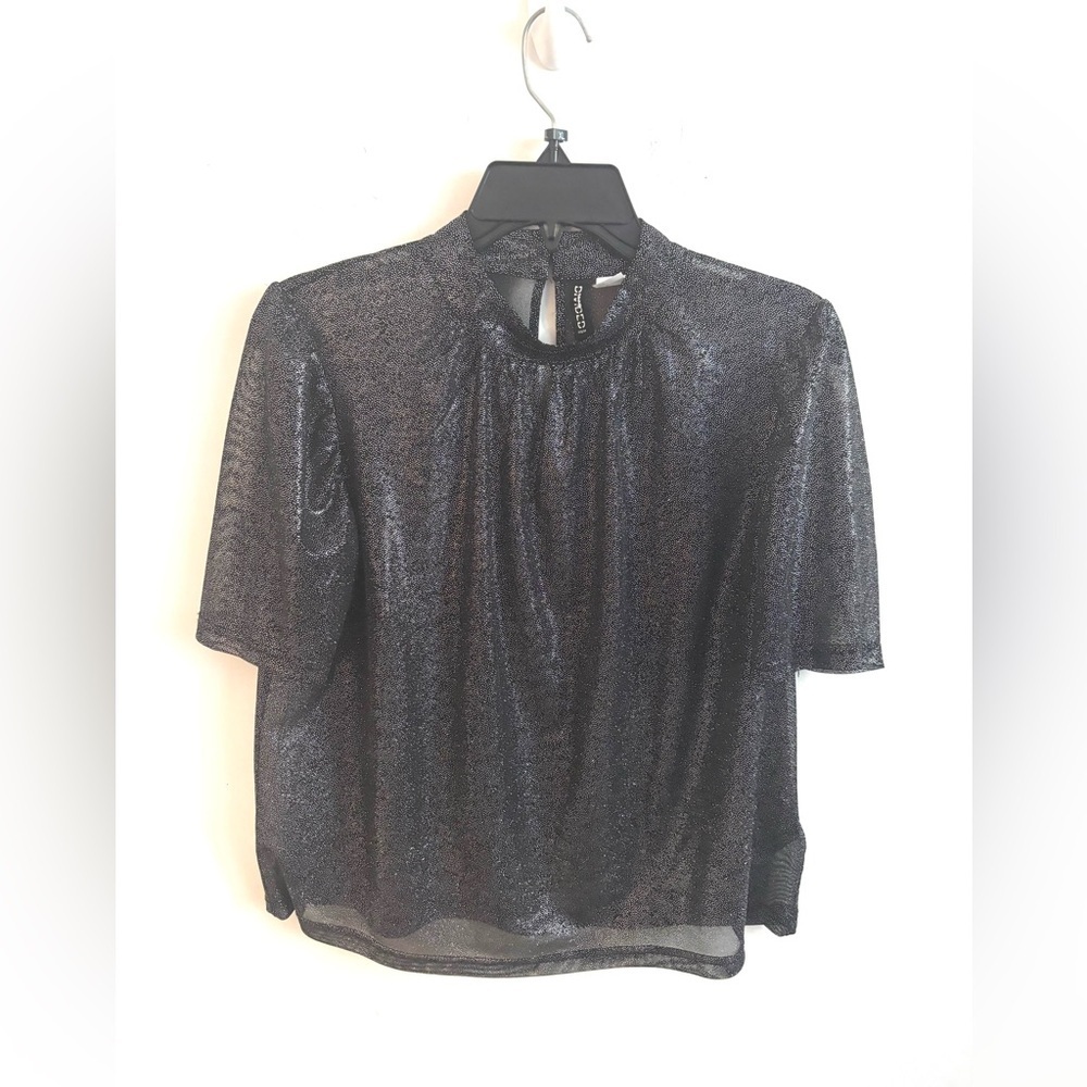 Women’s Blouse Black Sz 8 Sheer Mock Neck Glam Whimsigoth Feminine Party shiny